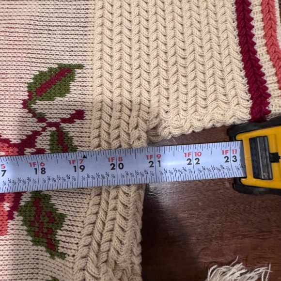 Vintage Mexican Knit Cardinal Bird Fringe Pullover Poncho Cream Red 70s Boho Fun - Picture 4 of 8